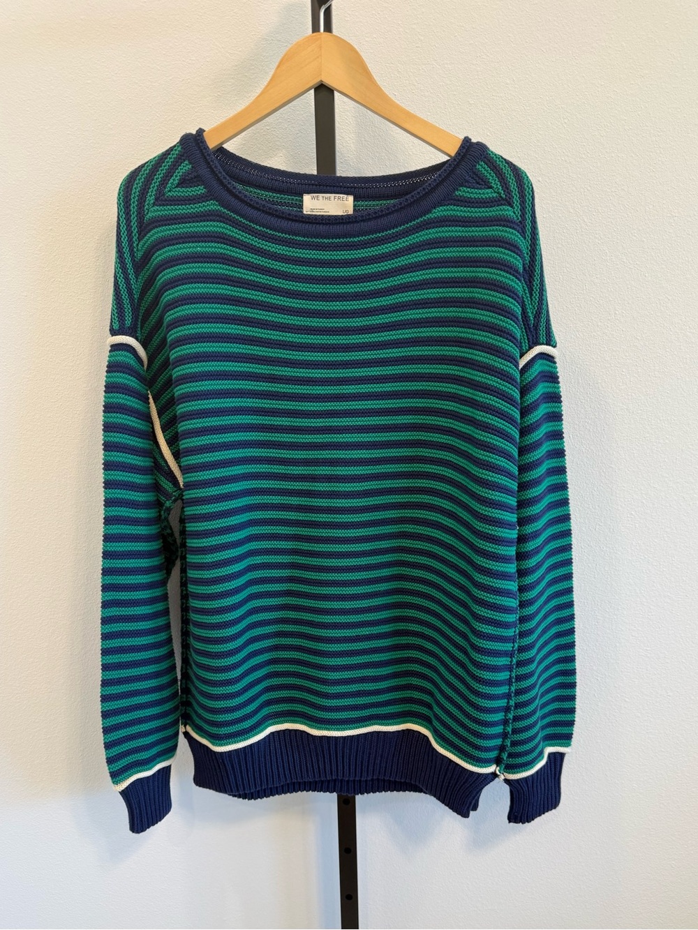 NWT Free People Asher Pullover Navy & Green Striped Cotton Sweater Large Coastal